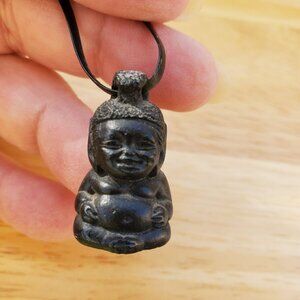MCM Co Co Joes Hawaii Lava Stone Happy Menehune Pendant Black Cord Necklace VTG